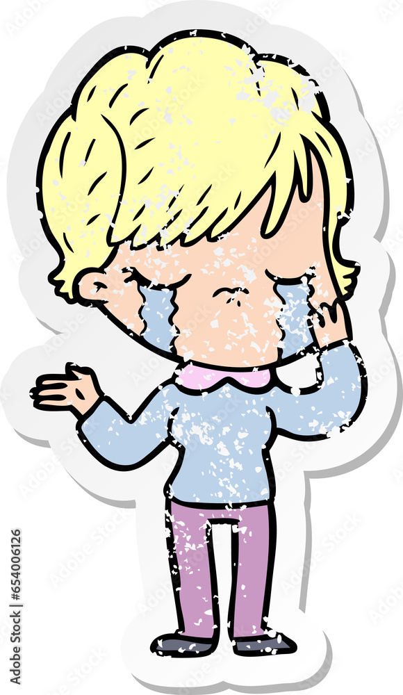 distressed sticker of a cartoon woman crying distressed sticker of a cartoon woman crying