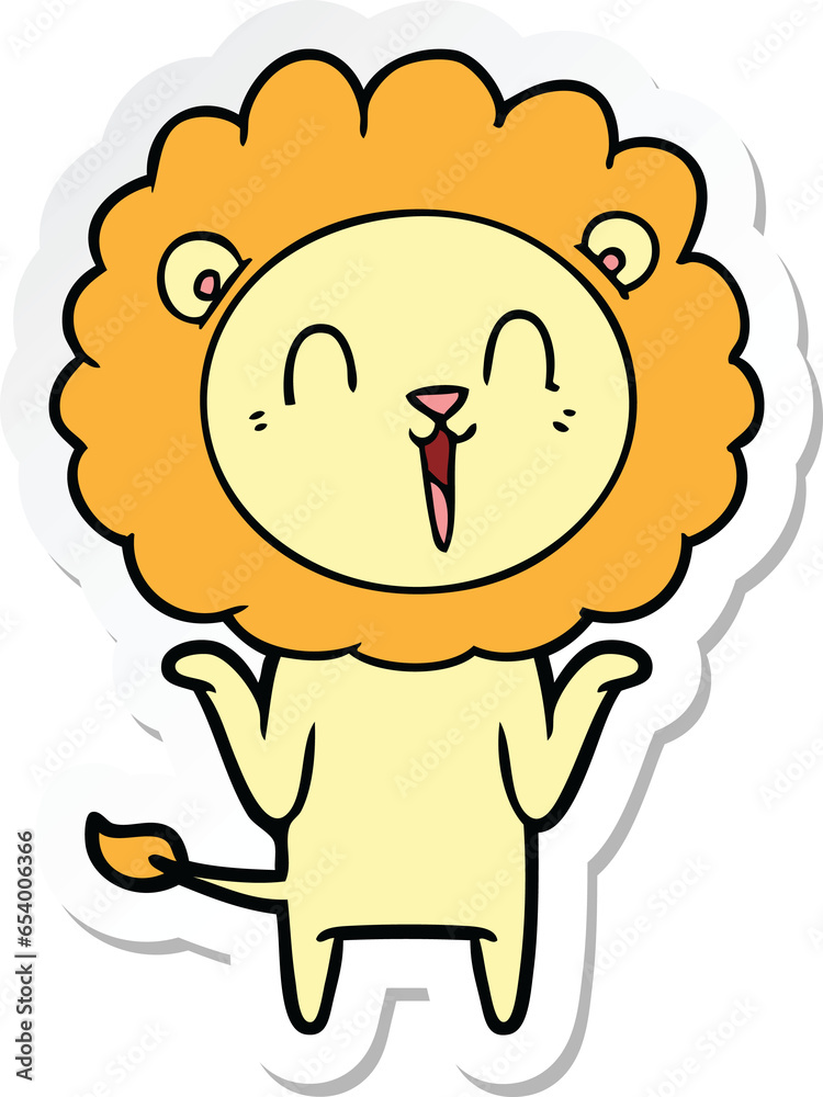 sticker of a laughing lion cartoon shrugging shoulders