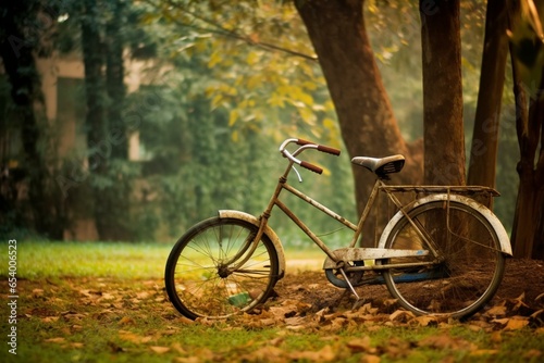 A serene bike resting amidst the calmness of a park. Generative AI