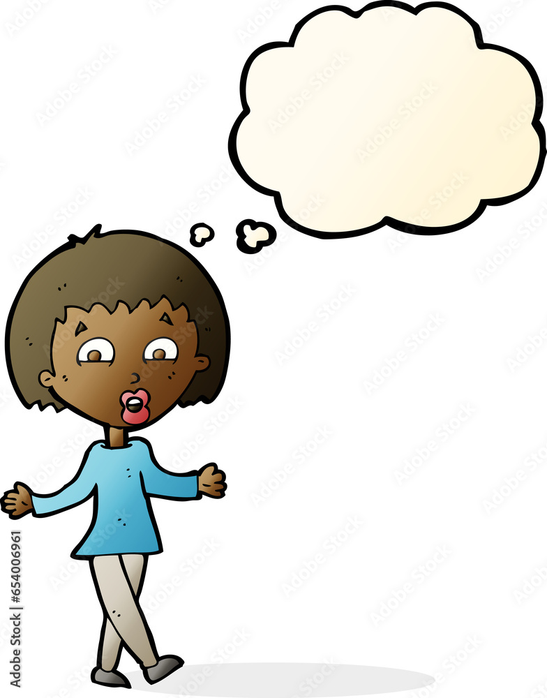 cartoon woman shrugging shoulders with thought bubble cartoon woman shrugging shoulders with thought bubble