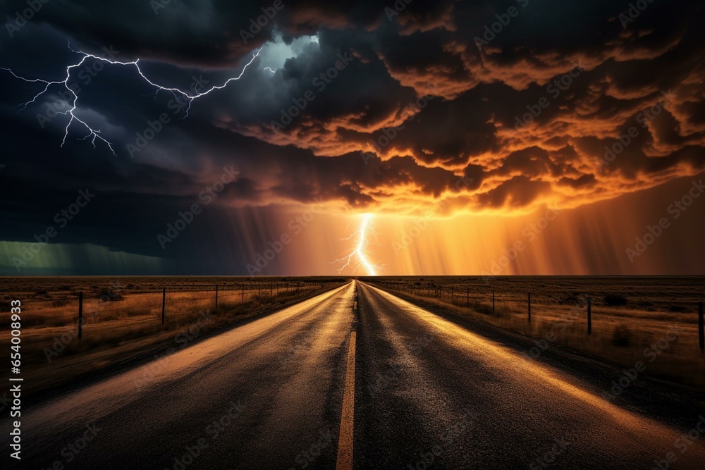 Stormy sky with lightning over road. Generative AI