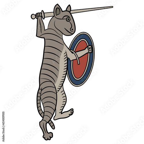 Funny fighting warrior cat with sword and shield. Medieval illuminated manuscript animal design. On white background. Isolated vector illustration.