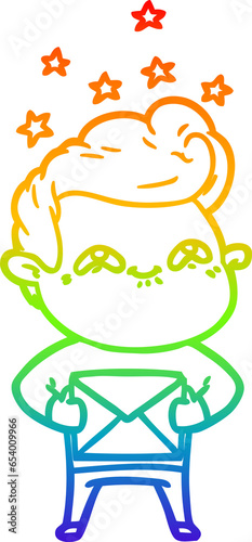 rainbow gradient line drawing of a cartoon excited man