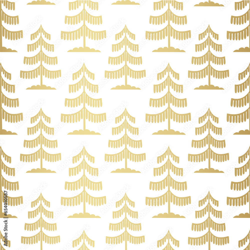 Obraz premium Christmas tree gold seamless pattern. Winter forest graphic Noel print, New year holidays golden decoration, background with fir tree, wallpaper, wrapping paper design, gift wrap.