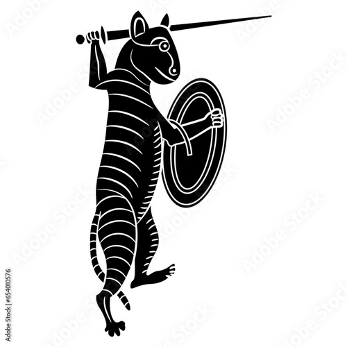 Funny fighting warrior cat with sword and shield. medieval illuminated manuscript animal design. Black and white linear silhouette.