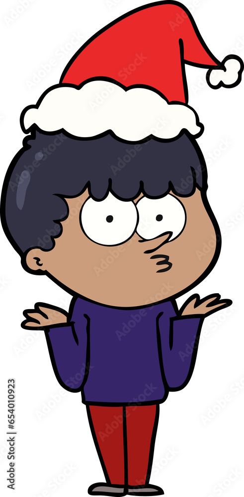 hand drawn line drawing of a curious boy shrugging shoulders wearing santa hat hand drawn line drawing of a curious boy shrugging shoulders wearing santa hat