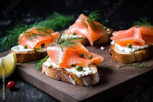 Open sandwiches with soft cheese, salmon and dill, side view. Generative AI