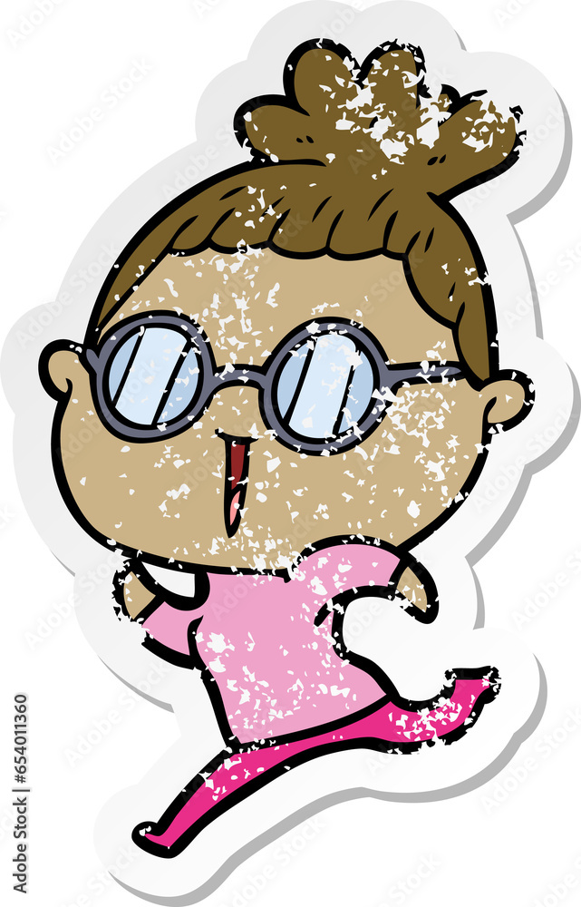 distressed sticker of a cartoon woman wearing spectacles