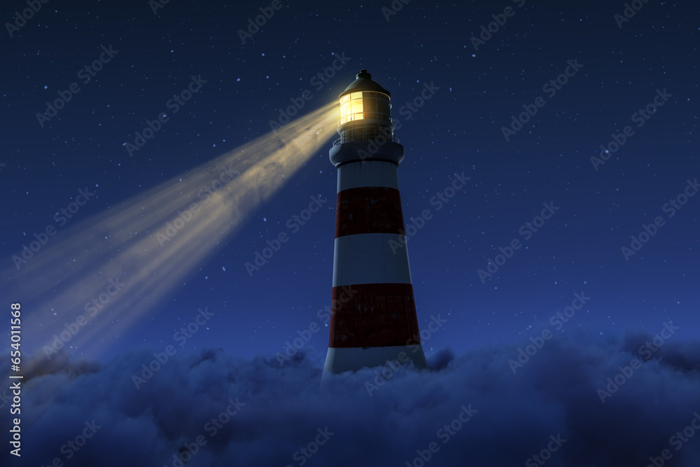 3D rendering of an illuminated lighthouse with long light beam over fluffy clouds at starry night