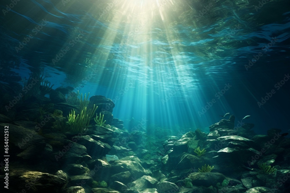Mesmerizing sunlight beams beneath the water's surface. Generative AI