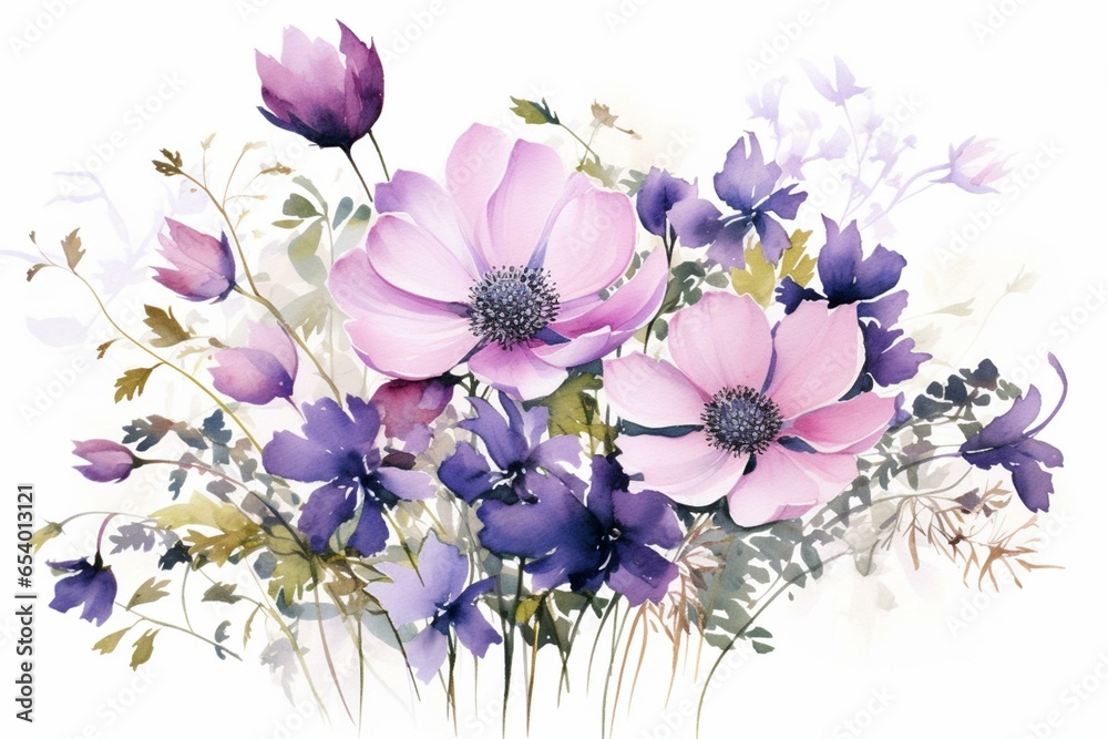 A stunning arrangement of round watercolor blooms in purple, set against a white backdrop. Exquisite and captivating. Generative AI