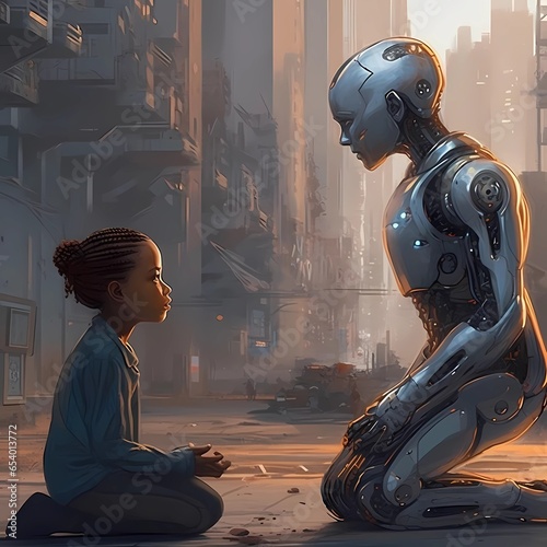 Little girl talking to a robot in a futuristic city. AI technology illustration. 