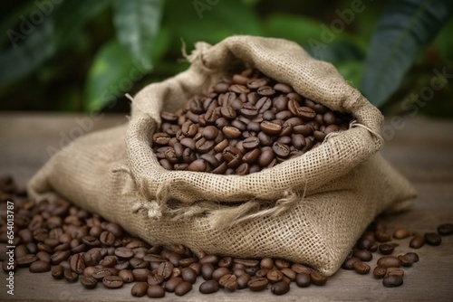Sack of coffee beans on natural backdrop. Generative AI © Lillith