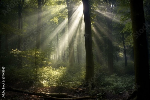 A beam of light amidst a dense woodland. Generative AI