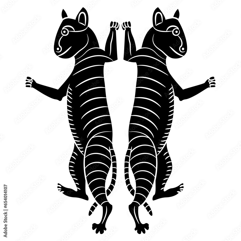 Symmetrical animal design with two dancing cats. Black and white silhouette.