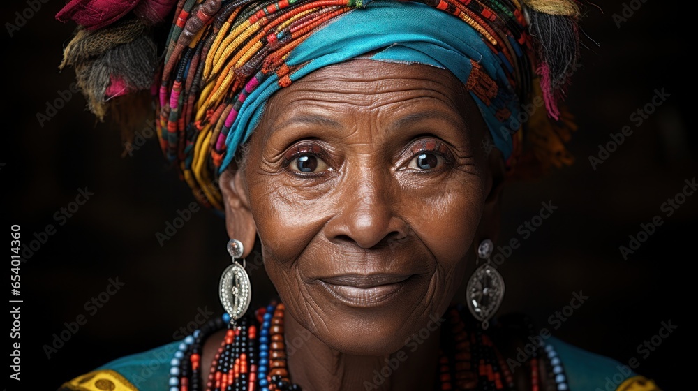 Elderly Afro-American lady in a detailed headscarf and traditional jewelry, showcasing her heritage.