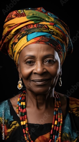 Close-up portrait of an Afro-American senior woman adorned with a multicolored turban and beads.