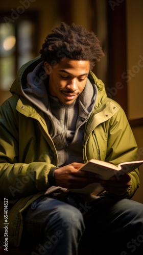 Engrossed young Afro-American male in a light green jacket sitting outdoors, enjoying a book.