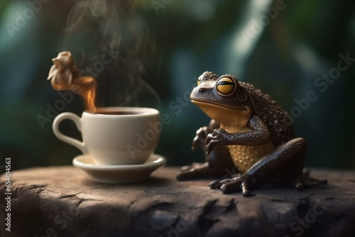 frog with a cup of coffee. Generative AI