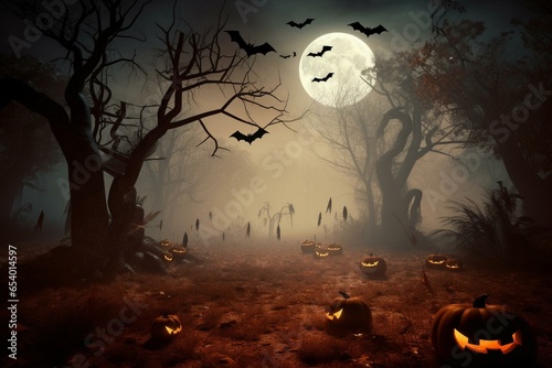 Spooky Halloween scene with pumpkins and bats, perfect for festive designs and decorations. Generative AI