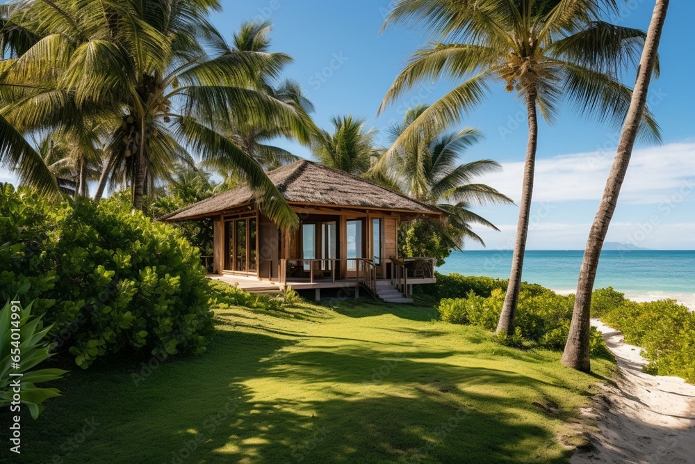 Idyllic tropical bungalow surrounded by palm trees, sandy beach, and pristine ocean. Generative AI