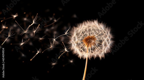  background White dandelion with flying seeds in the wind on a dark blue background. copy space