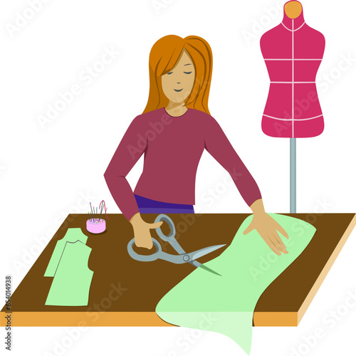Making clothes. Vector illustration of a girl cutting fabric at a work table in a fashion studio.
