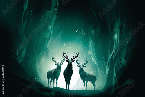 White Reindeer Silhouettes Against An Emerald Glow © Stock Habit