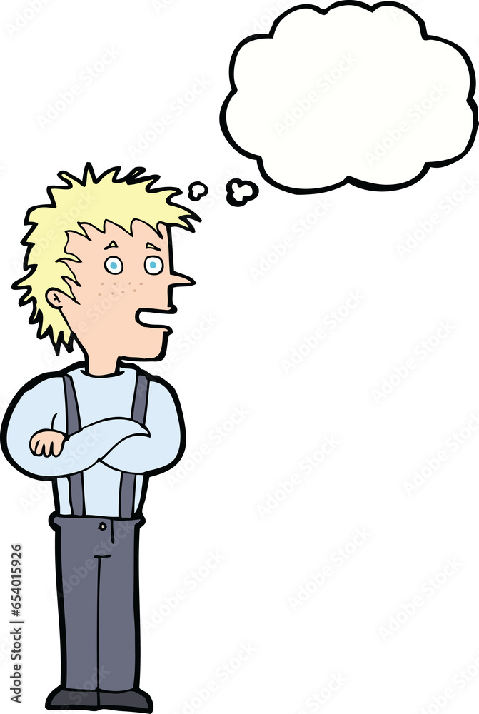 cartoon boy with folded arms with thought bubble cartoon boy with folded arms with thought bubble
