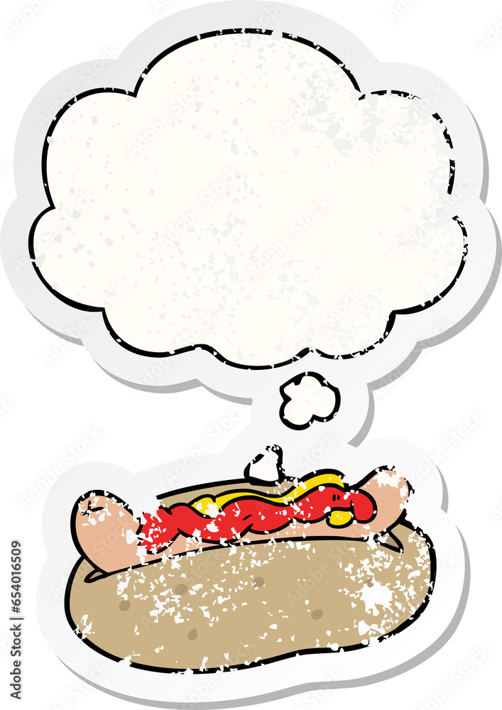 cartoon hotdog with thought bubble as a distressed worn sticker cartoon hotdog with thought bubble as a distressed worn sticker