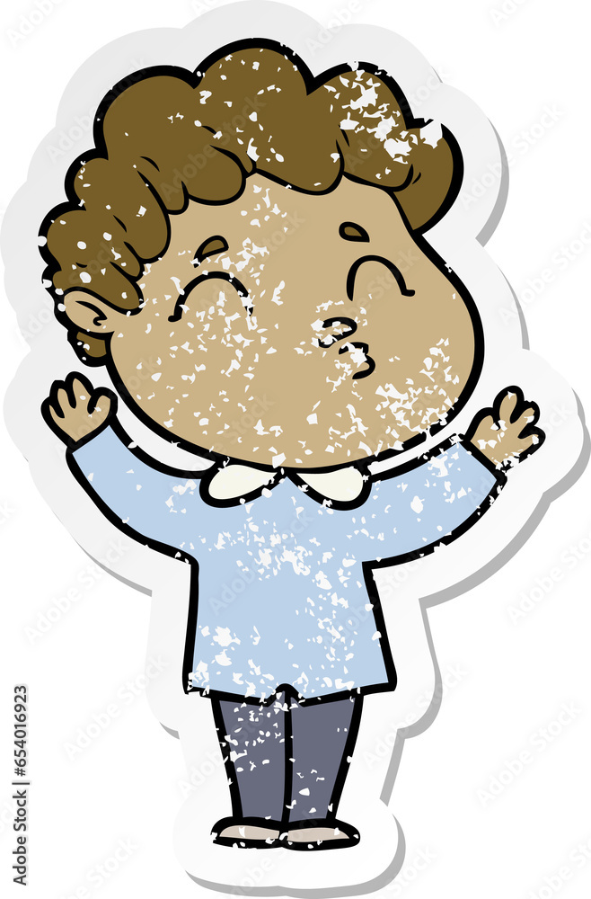 distressed sticker of a cartoon man shrugging distressed sticker of a cartoon man shrugging