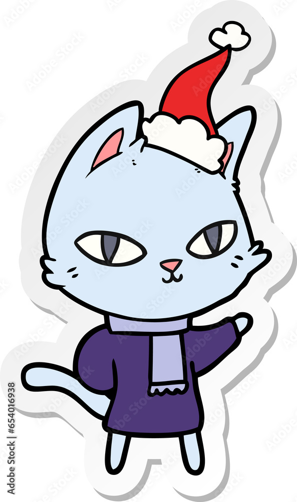 hand drawn sticker cartoon of a cat staring wearing santa hat hand drawn sticker cartoon of a cat staring wearing santa hat