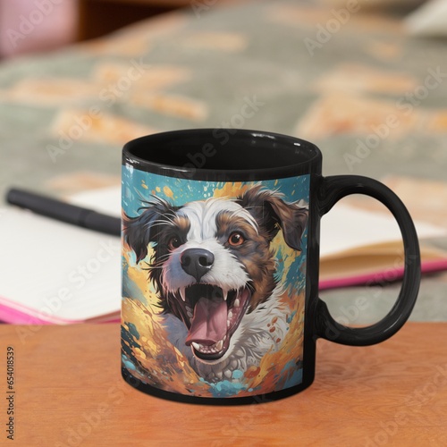 Two beautiful personalized mugs with the print of a beautiful multicolored puppy. Generated by AI