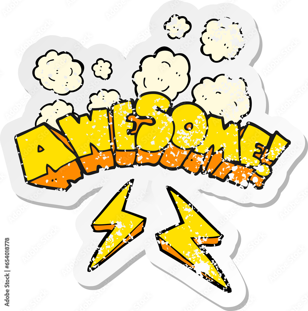 retro distressed sticker of a cartoon word awesome