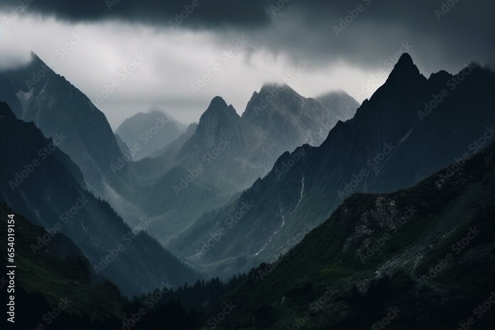 Mysterious mountain range covered in shadowy peaks, hidden under dark clouds and surrounded by mist. Generative AI
