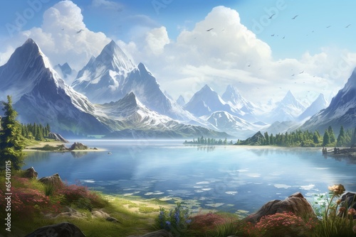 Image showing an imaginary scenery featuring a serene lake and majestic mountains in the distance. Generative AI
