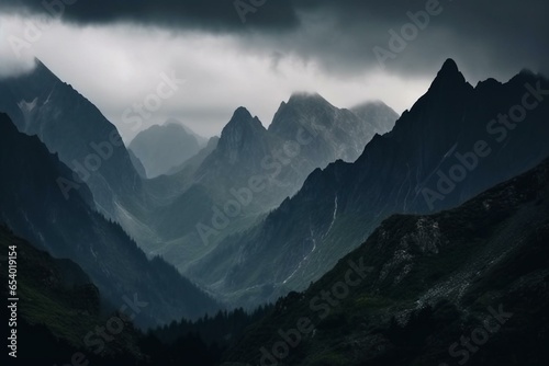 Mysterious mountain range covered in shadowy peaks, hidden under dark clouds and surrounded by mist. Generative AI