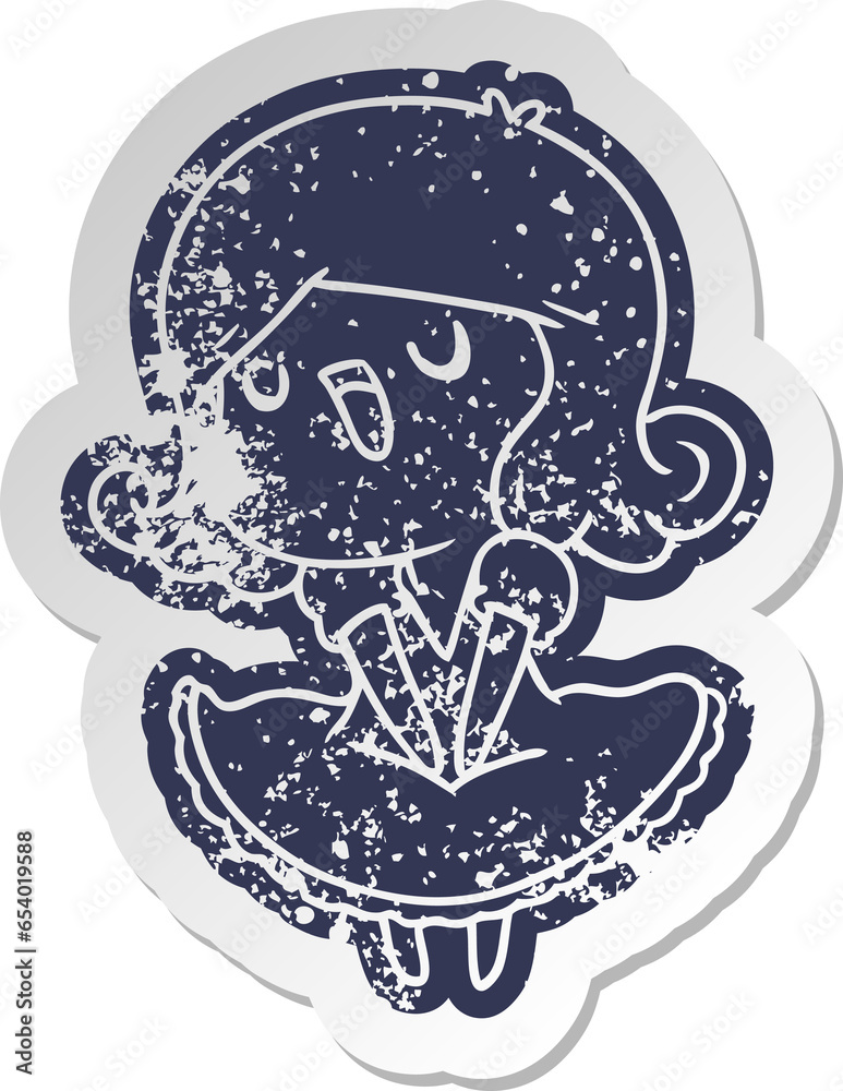 distressed old cartoon sticker of a cute singing kawaii girl