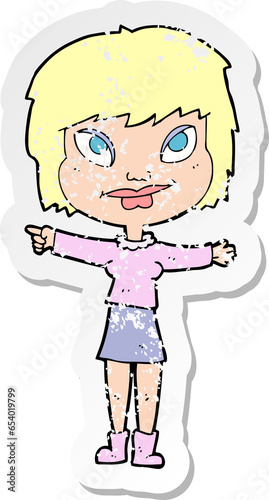 retro distressed sticker of a cartoon woman pointing