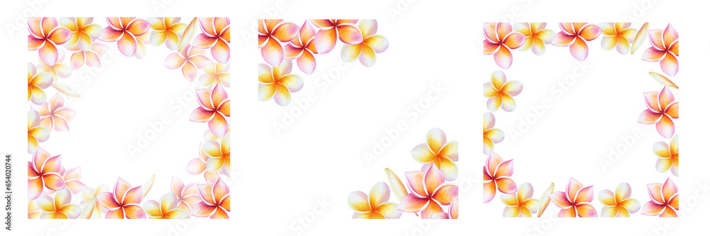 Obraz premium Watercolor set of frames with realistic tropical illustration of plumeria flowers with leaves isolated on white background. Beautiful botanical hand painted frangipani clip art. For designers, spa