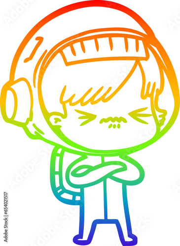 rainbow gradient line drawing of a cartoon astronaut woman