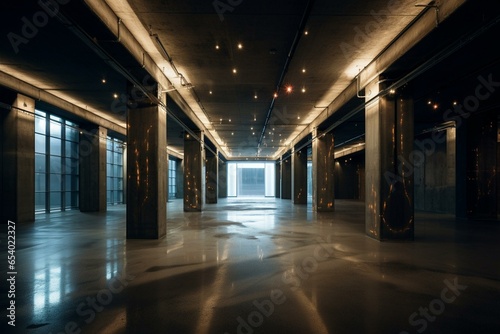 An unoccupied indoor space illuminated with lights. Generative AI