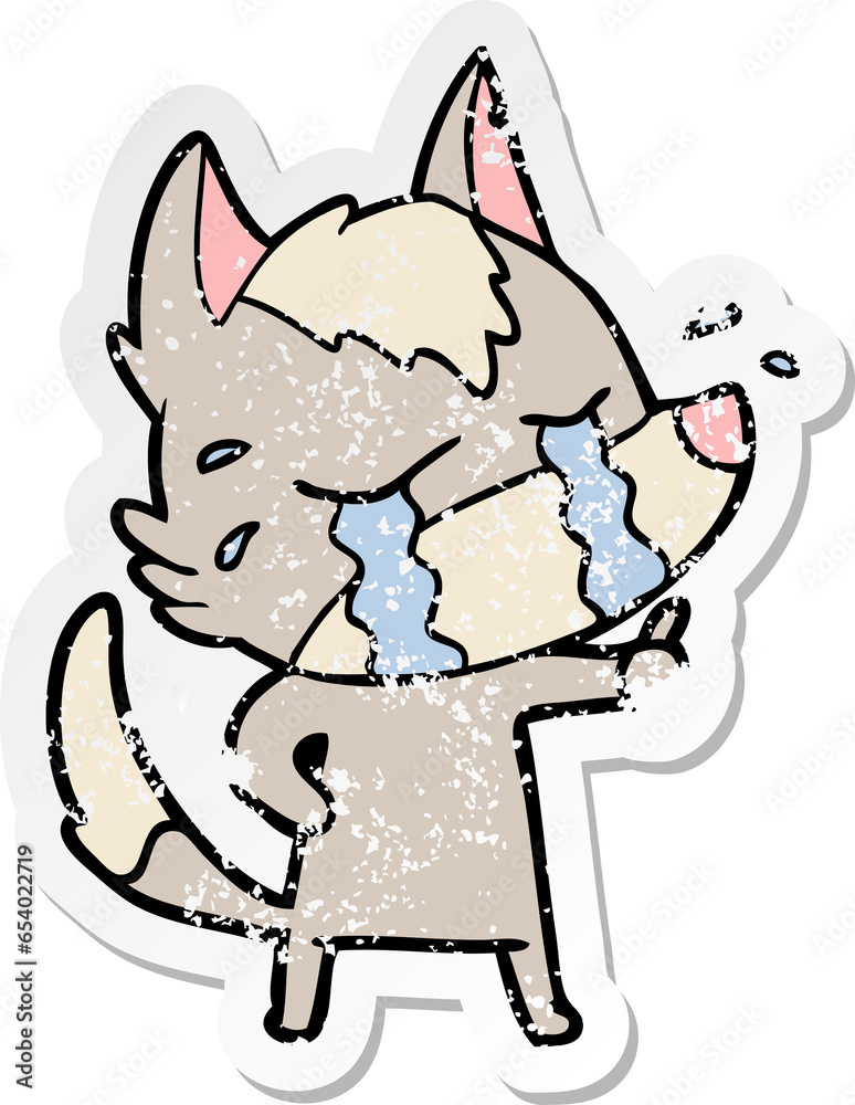 distressed sticker of a cartoon crying wolf distressed sticker of a cartoon crying wolf