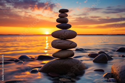 A stack of stones with a stunning ocean sunset. Generative AI