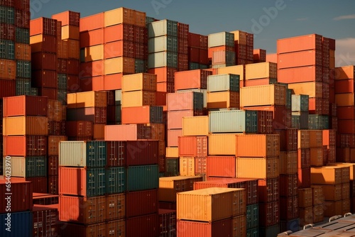 Stacked containers at a commercial dock in a seaport. Generative AI