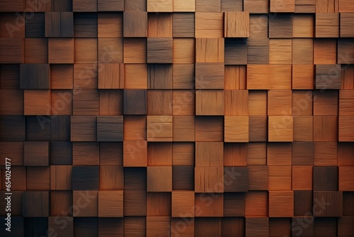 Wall background with textured wood tiles. 3D-rendered square blocks with a soft sheen in a tile wallpaper. Generative AI