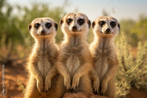 Three alert meerkats standing in a line. Generative AI