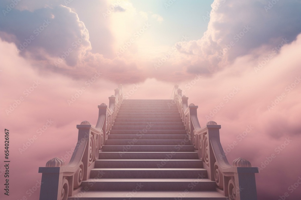 Stairway ascending to a pink sky with ethereal light. Generative AI - obrazy, fototapety, plakaty 