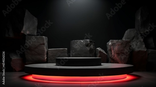podium with natural stones and neon lighting in a total black palette