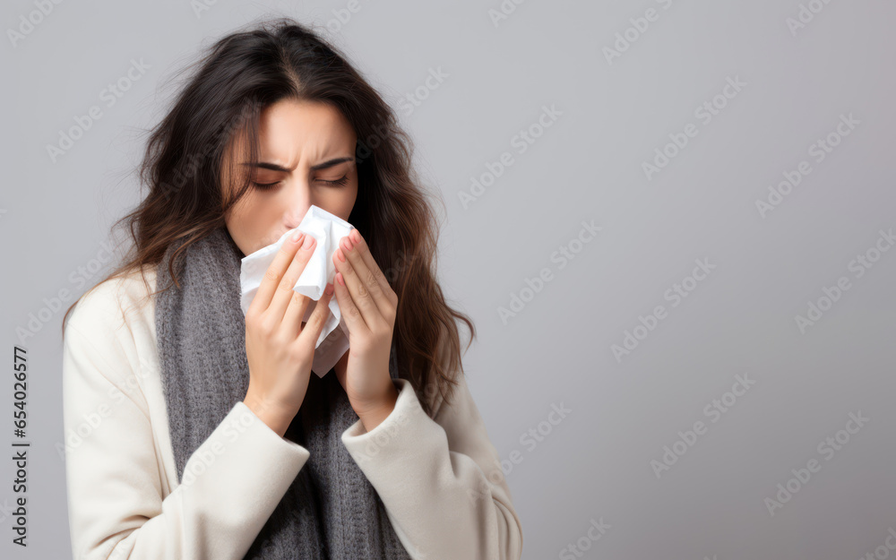 Beautiful young woman fell sick and flu blowing nose with tissue with copy space background Beautiful young woman fell sick and flu blowing nose with tissue with copy space background